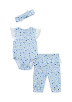 Baby Girls Daisy Printed Eyelet Bodysuit and Leggings Set with Headband