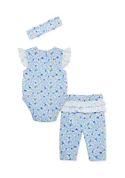 Baby Girls Daisy Printed Eyelet Bodysuit and Leggings Set with Headband