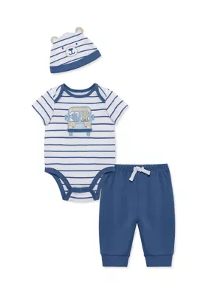 Baby Boys Bears Bus Bodysuit and Pants Set with Hat