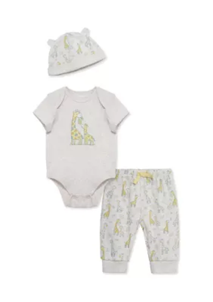 Baby Boys Giraffes Printed Bodysuit and Pants Set with Hat