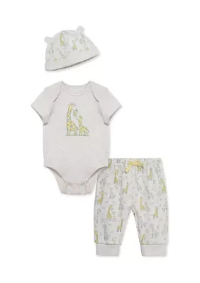 Baby Boys Giraffes Printed Bodysuit and Pants Set with Hat