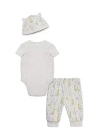 Baby Boys Giraffes Printed Bodysuit and Pants Set with Hat