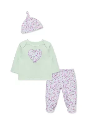 Baby Girls Floral and Heart Printed Pants Set with Hat