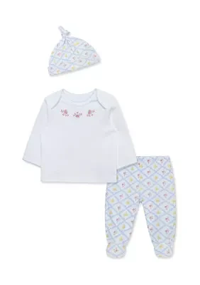 Baby Girls Trellis Rose Printed Pants Set with Hat