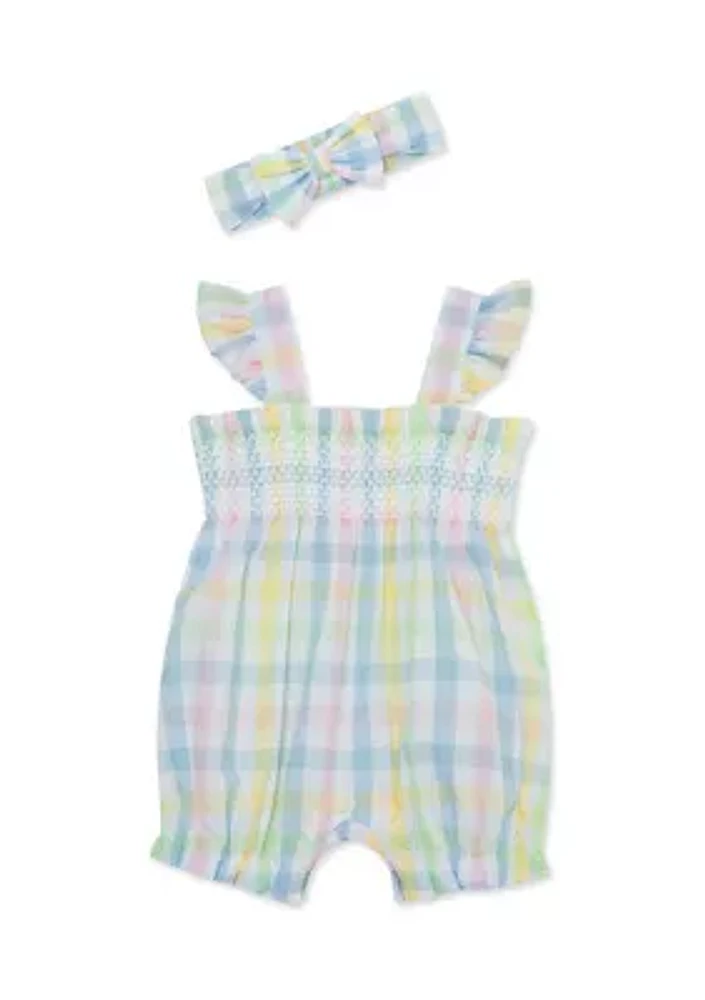 Baby Girls Check Printed Bubble Romper with Headband