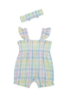 Baby Girls Check Printed Bubble Romper with Headband