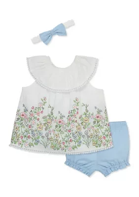 Baby Girls Floral Border Top and Chambray Shorts Set with Headband