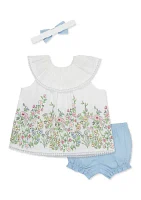 Baby Girls Floral Border Top and Chambray Shorts Set with Headband