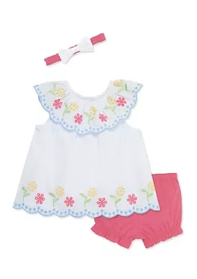 Baby Girls Multi Eyelet Floral Embroidered Top and Bloomer Set with Headband