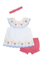 Baby Girls Multi Eyelet Floral Embroidered Top and Bloomer Set with Headband