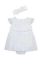 Baby Girls White Flowers Popover Dress with Headband