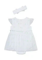 Baby Girls White Flowers Popover Dress with Headband