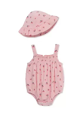 Baby Girls Cherries Bubble Romper with Hat