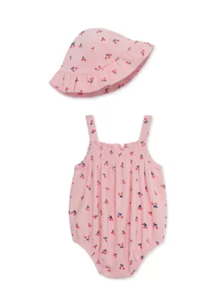 Baby Girls Cherries Bubble Romper with Hat