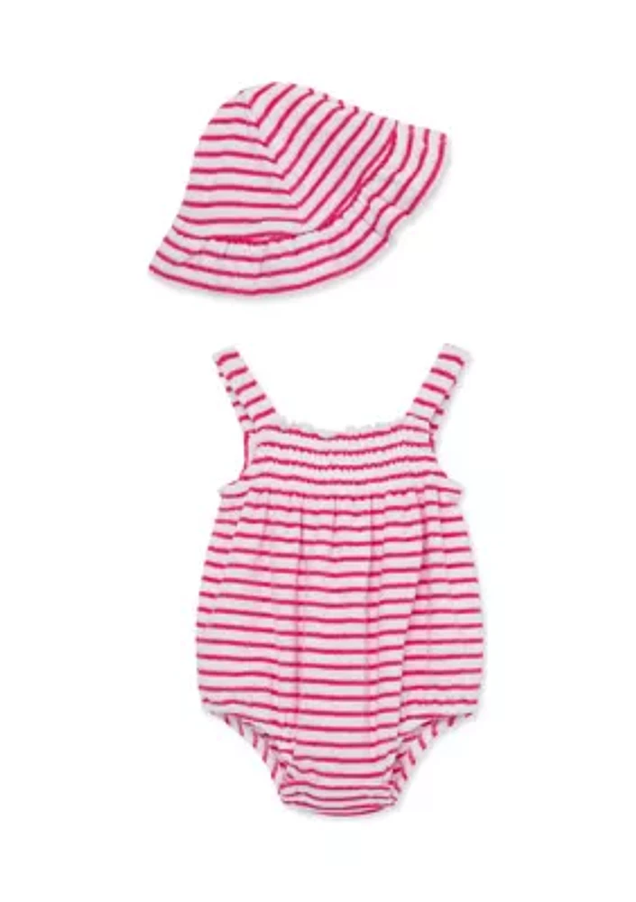 Baby Girls Striped Bubble Romper with Hat