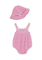 Baby Girls Striped Bubble Romper with Hat