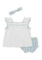 Baby Girls Sprigs Embroidered Top and Shorts Set with Headband