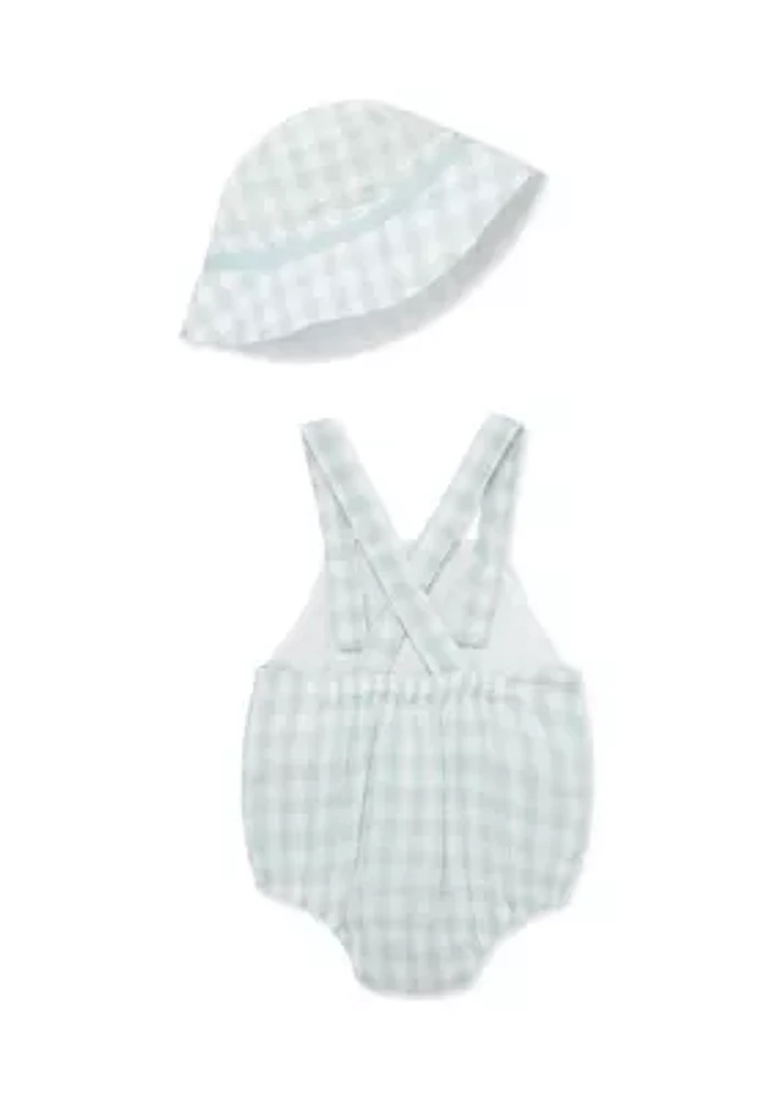 Baby Boys Check Printed Sunsuit with Hat