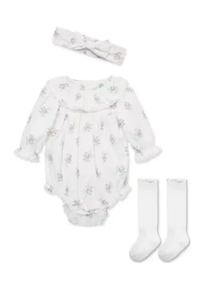 Baby Girls Dainty Floral Printed Bubble Set with Headband and Socks