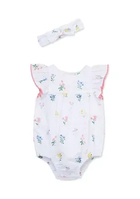 Baby Girls Eyelet Floral Bubble Romper with Headband