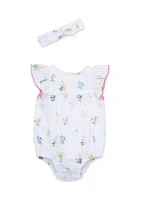 Baby Girls Eyelet Floral Bubble Romper with Headband