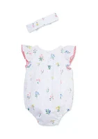 Baby Girls Eyelet Floral Bubble Romper with Headband