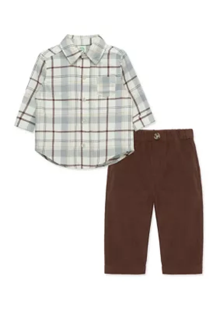 Baby Boys Neutral Plaid Pritned Pant Set