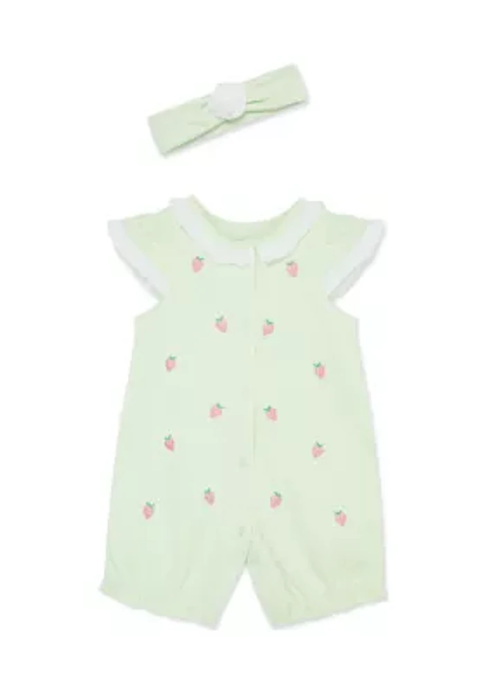 Baby Girls Strawberry Embroidered Romper with Headband