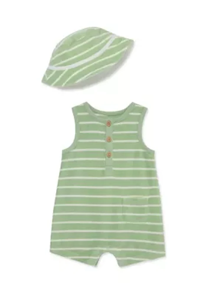 Baby Boys Green Striped Romper with Hat