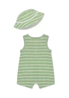 Baby Boys Green Striped Romper with Hat