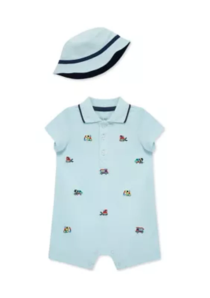 Baby Boys Trucks Romper with Hat