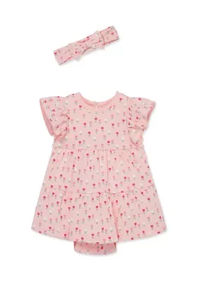 Baby Girls Tulips Printed Bodysuit Dress with Headband