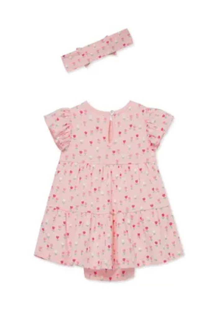 Baby Girls Tulips Printed Bodysuit Dress with Headband