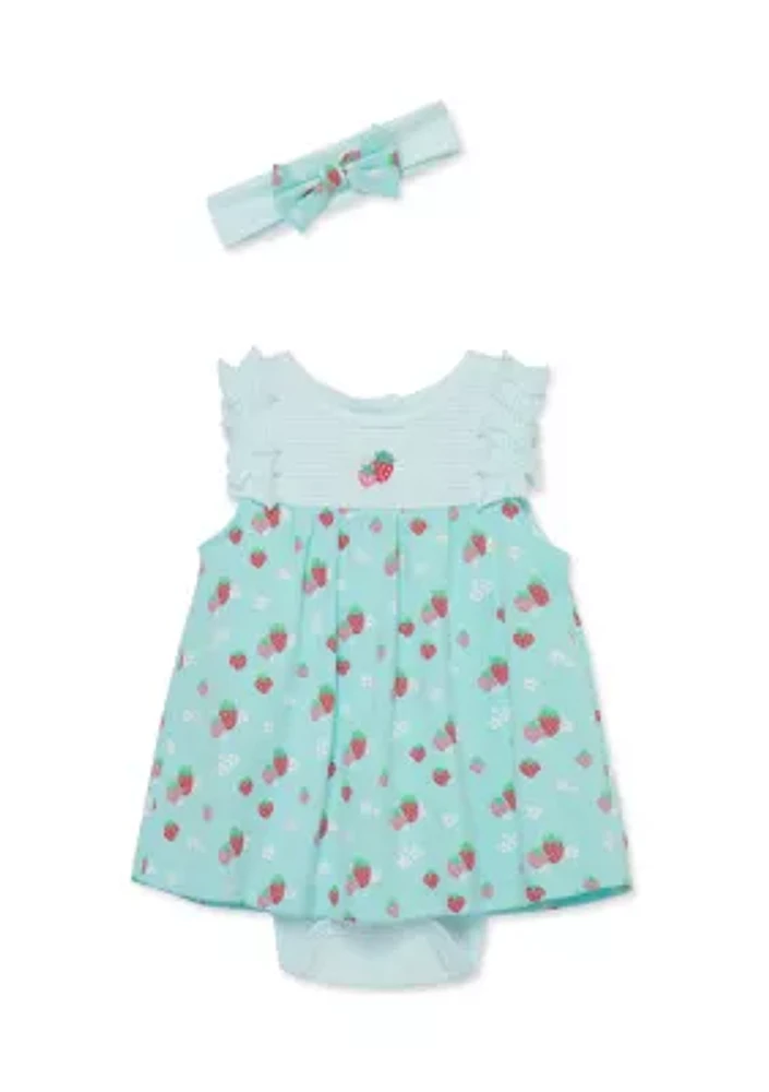 Baby Girls Strawberry Printed Bodysuit Dress with Headband