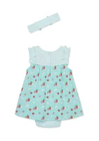 Baby Girls Strawberry Printed Bodysuit Dress with Headband