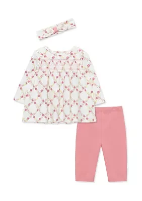 Baby Girls Floral Lattice Printted Top Set with Headband