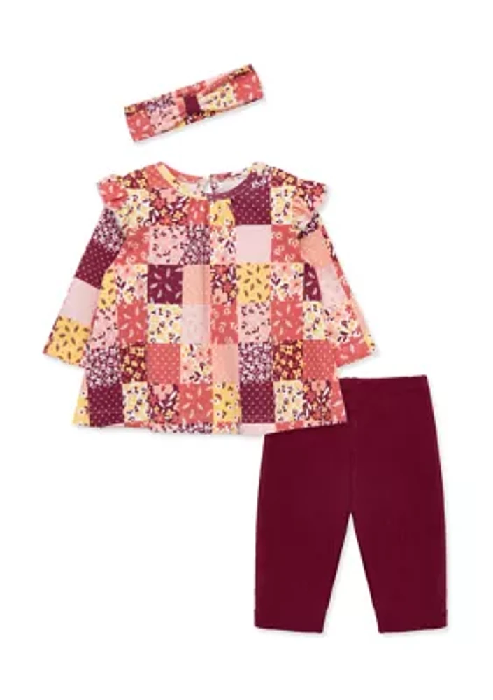 Baby Girls Patchwork Printed Top Set with Headband