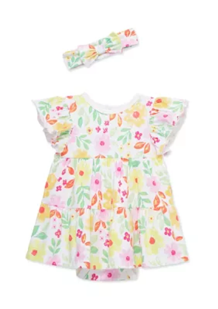 Baby Girls Happy Floral Bodysuit Dress with Headband