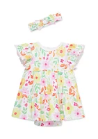 Baby Girls Happy Floral Bodysuit Dress with Headband