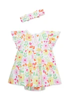 Baby Girls Happy Floral Bodysuit Dress with Headband