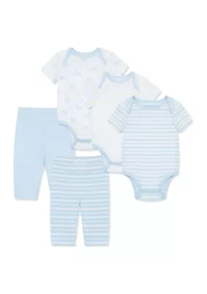 Baby Boys Playtime 5 Piece Bodysuit and Pants Set