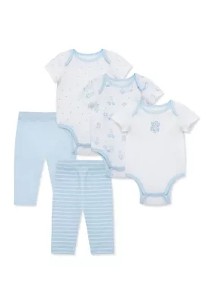 Baby Boys Snuggly 5 Piece Bodysuit and Pants Set