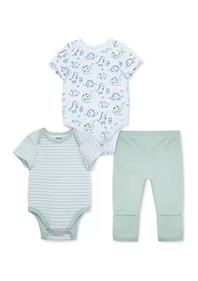 Baby Boys Dino Printed 3 Piece Bodysuit and Pants Set