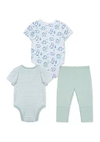 Baby Boys Dino Printed 3 Piece Bodysuit and Pants Set