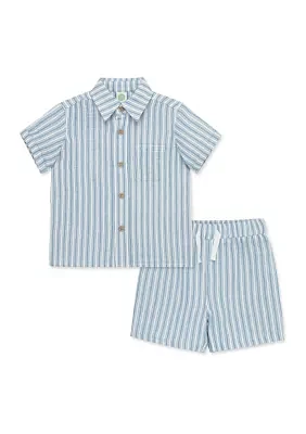 Baby Boys Blue Woven Shirt and Shorts Set