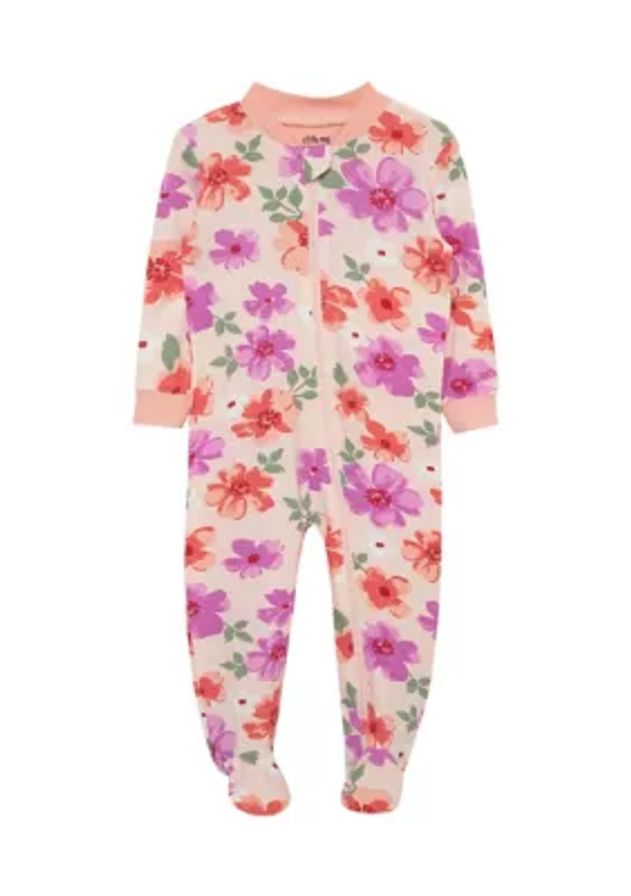 Baby Girls Floral Printed Zip Front Footie Pajamas