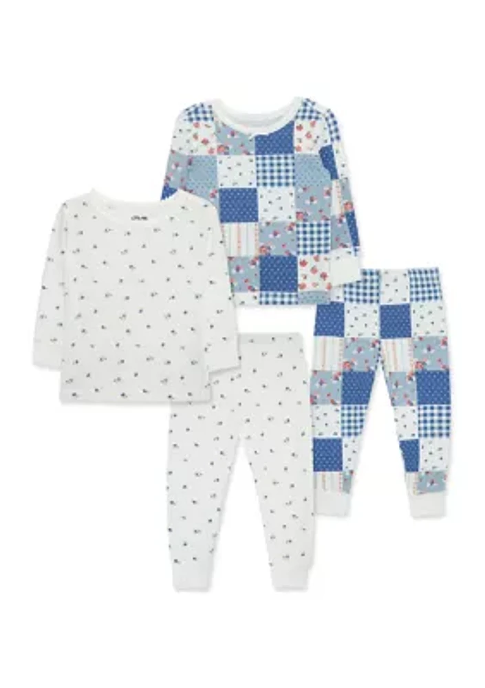 Baby Girls Patchwork 4 Piece Bamboo Printed Pajama Set