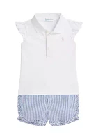 Baby Girls Mesh Polo Shirt and Seersucker Short Set