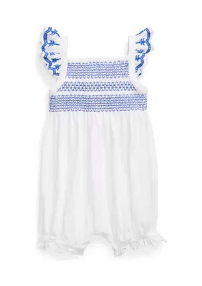 Baby Girls Smocked Eyelet Cotton Bubble Shortall