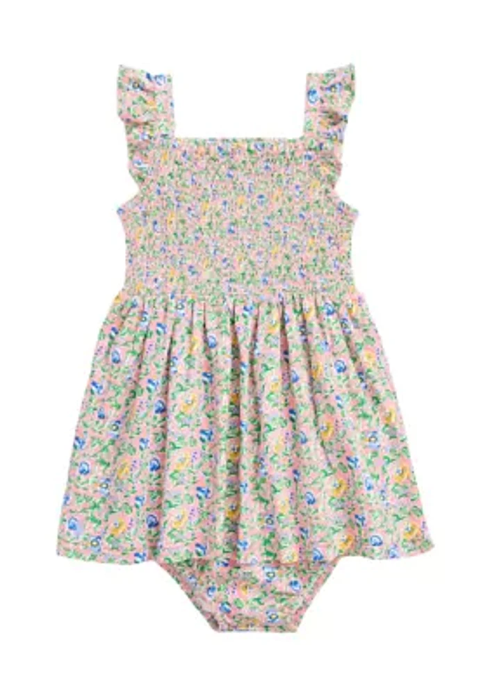 Baby Girls Floral Smocked Cotton Dress & Bloomer